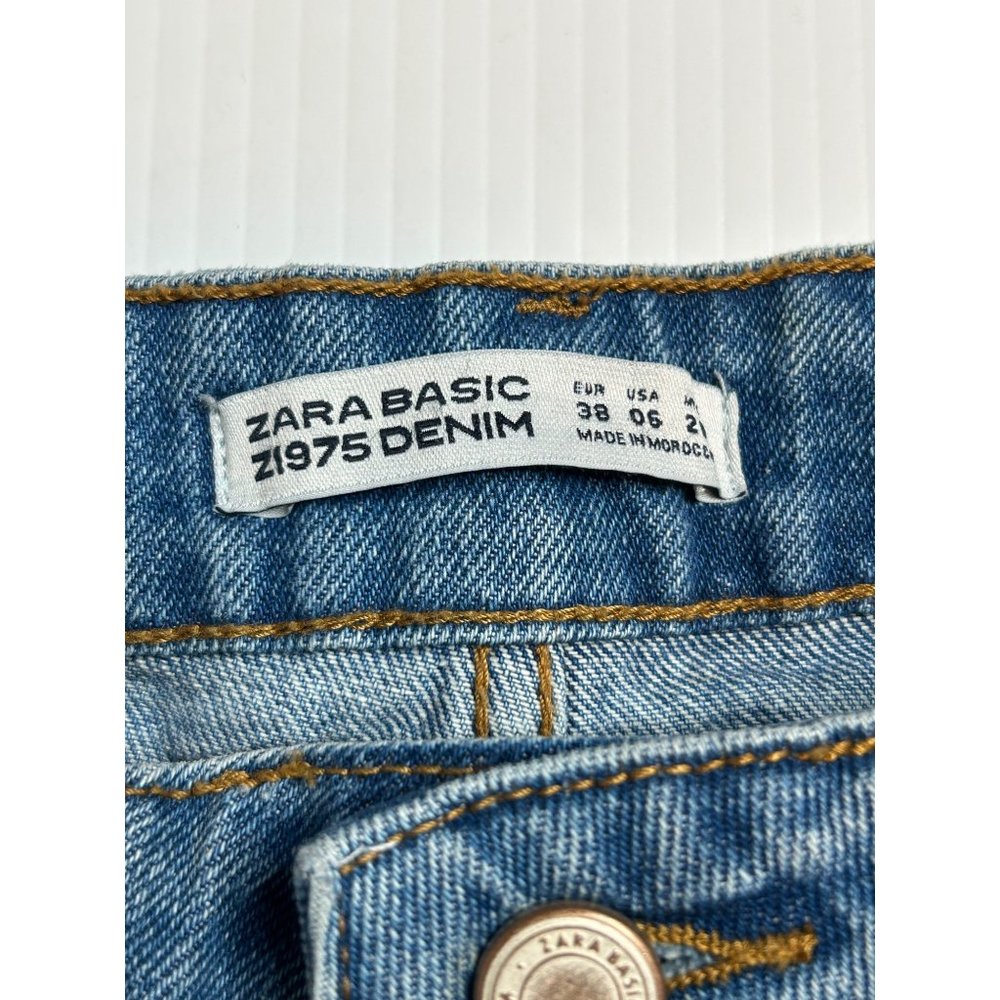 Zara Basic Z1975 Denim Mid Rise Blue Ruffle Flare Size 6 - Picture 7 of 9